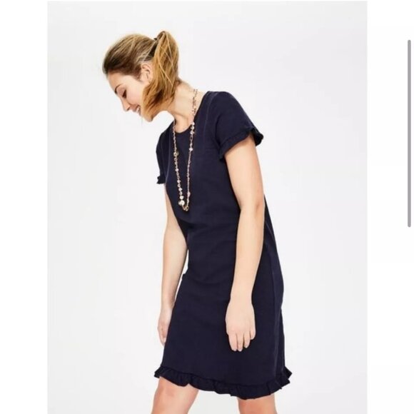 BODEN Emily Navy Blue Slub Cotton Ruffle Sleeve Jersey T-Shirt Shift Dress 4L - Picture 2 of 9